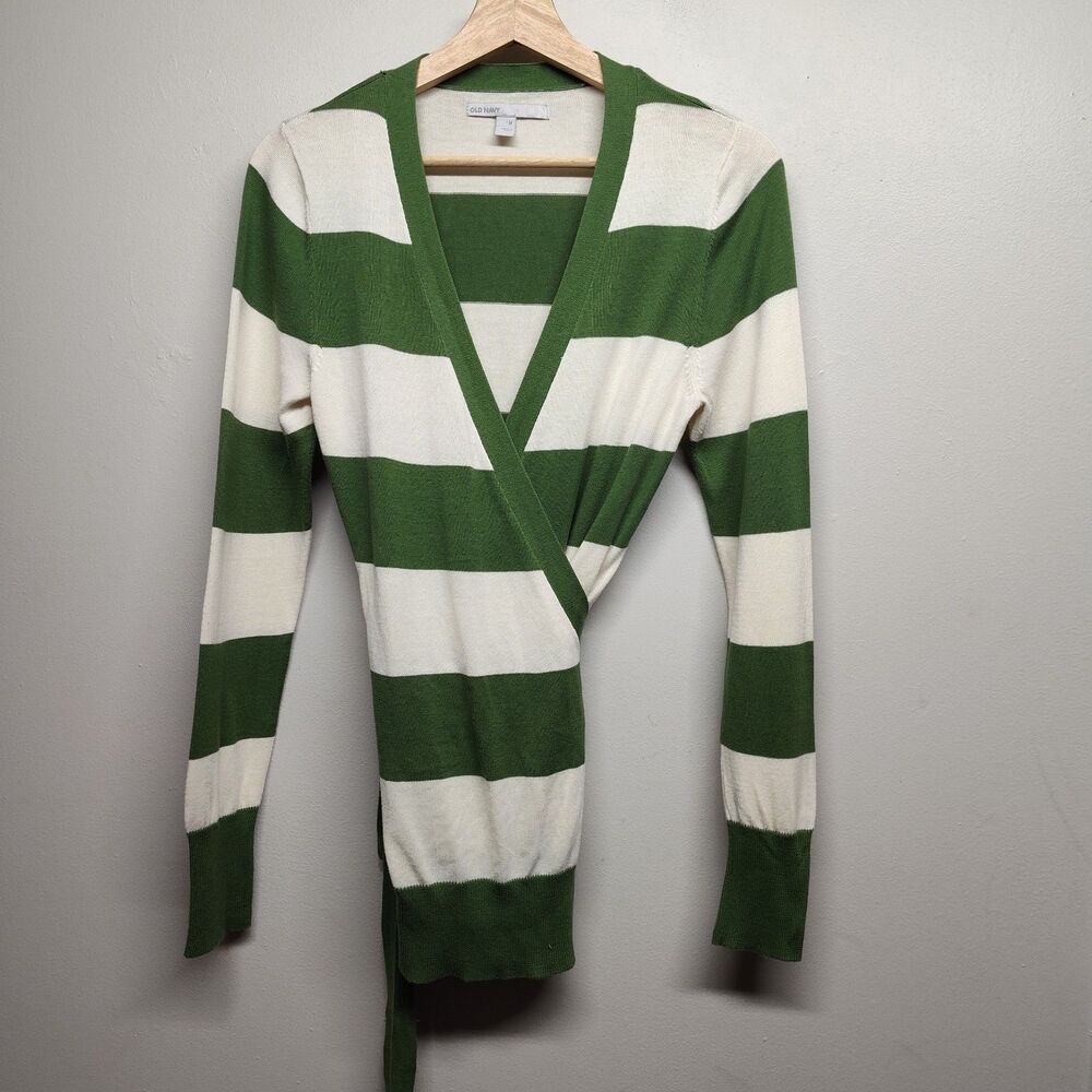 Old Navy Knit Wrap Sweater Women Size M Green Stripes Waist Tie Modest Casual